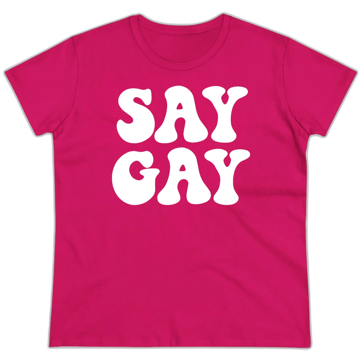 Say Gay Pride design with bold white letters featuring organic rounded typography on gray background in Heliconia