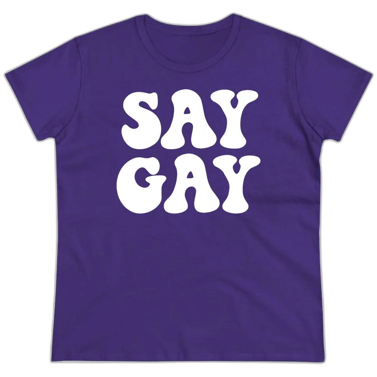 Say Gay Pride design with bold white letters featuring organic rounded typography on gray background in Purple