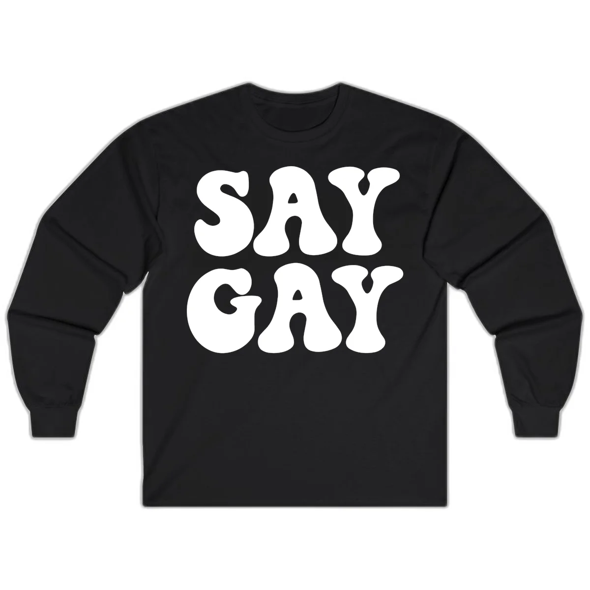 Say Gay Pride design with bold white letters featuring organic rounded typography on gray background in Black