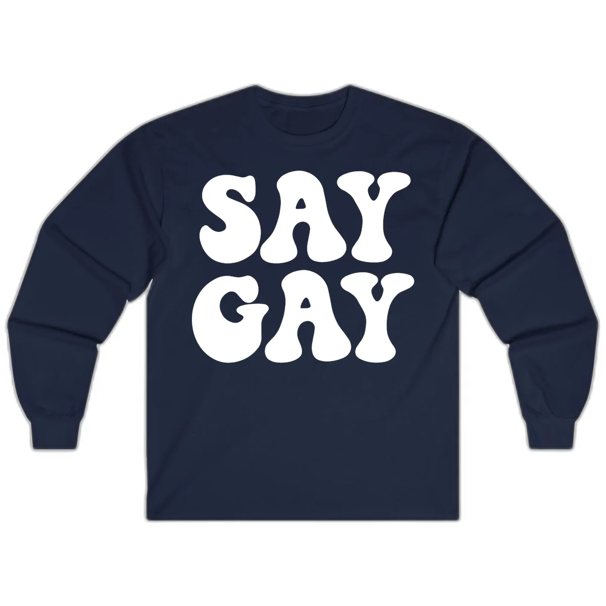 Say Gay Pride design with bold white letters featuring organic rounded typography on gray background in Navy