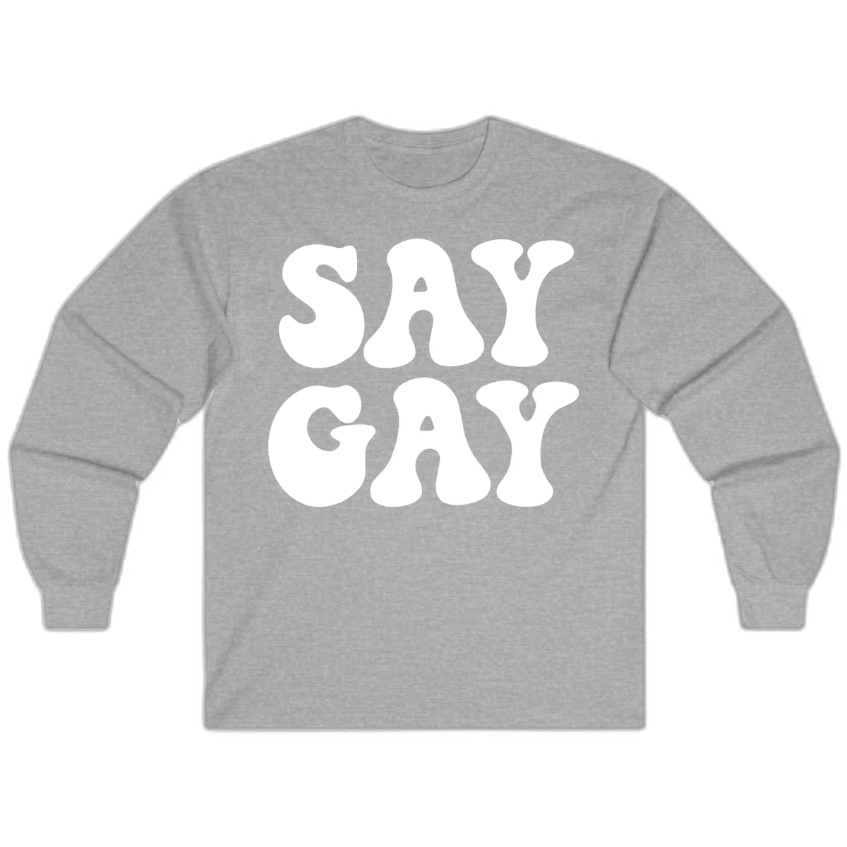 Say Gay Pride design with bold white letters featuring organic rounded typography on gray background in Sport Grey