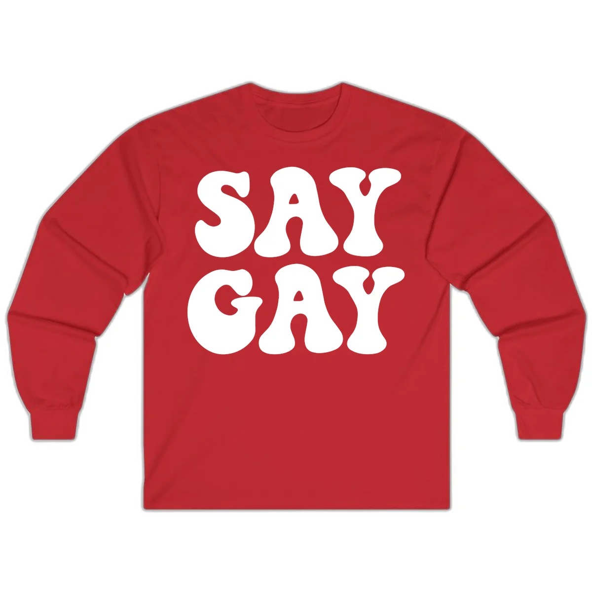 Say Gay Pride design with bold white letters featuring organic rounded typography on gray background in Red