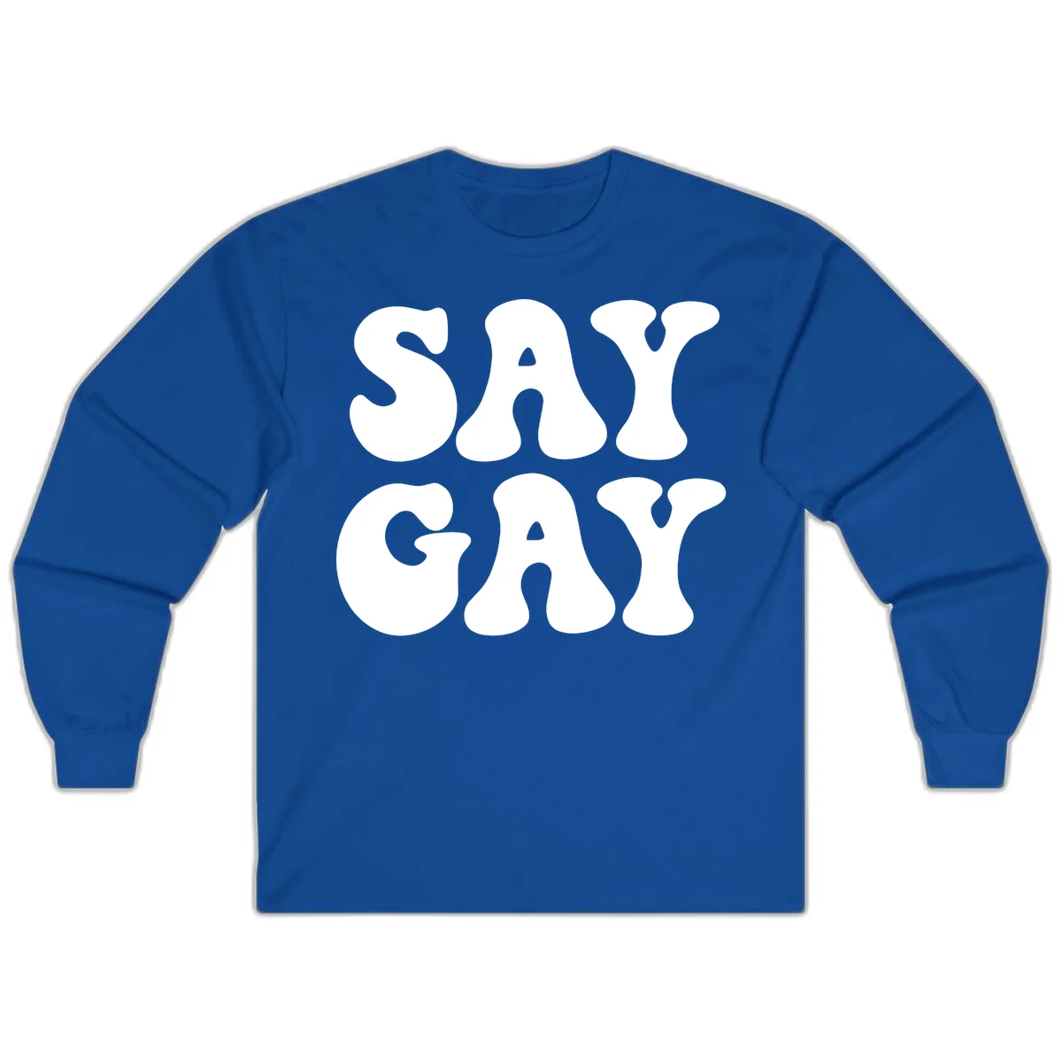 Say Gay Pride design with bold white letters featuring organic rounded typography on gray background in Royal
