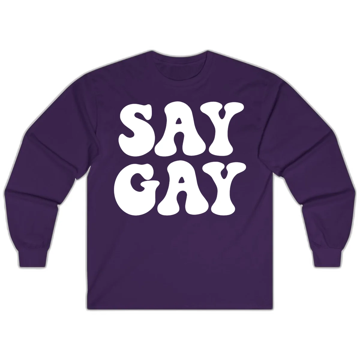 Say Gay Pride design with bold white letters featuring organic rounded typography on gray background in Purple