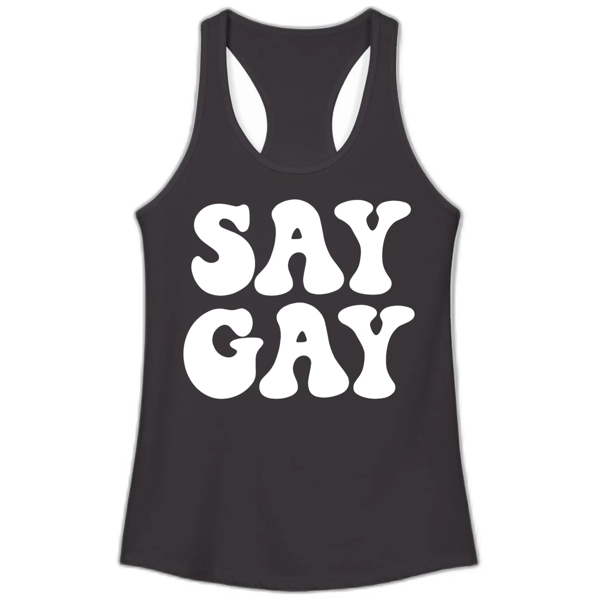 Say Gay Pride design with bold white letters featuring organic rounded typography on gray background in Black