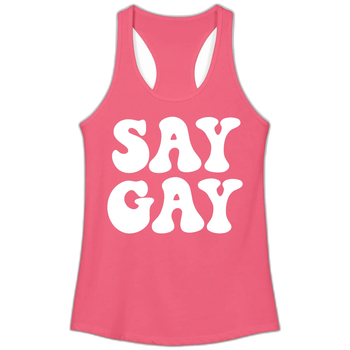 Say Gay Pride design with bold white letters featuring organic rounded typography on gray background in Hot Pink