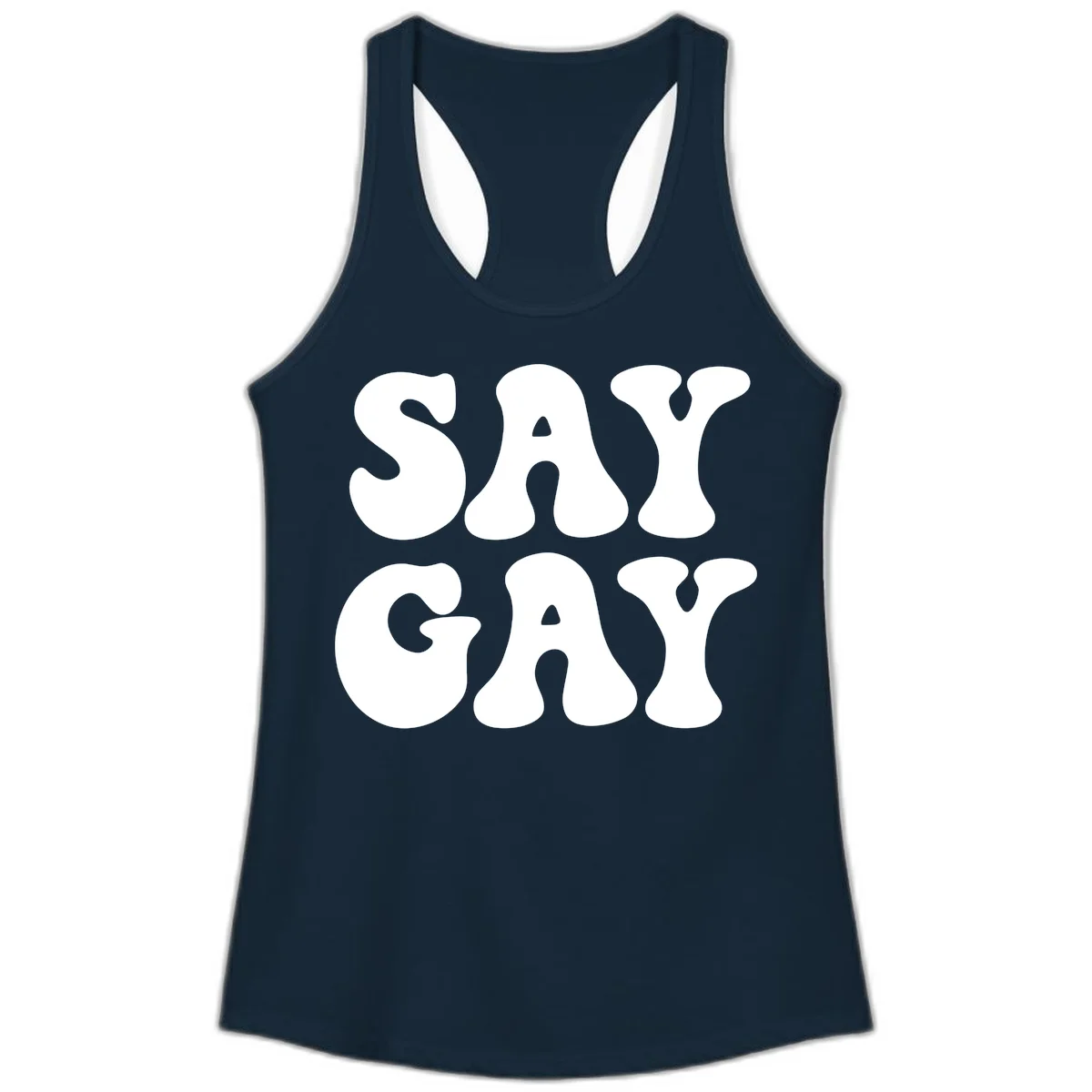 Say Gay Pride design with bold white letters featuring organic rounded typography on gray background in Solid Midnight Navy