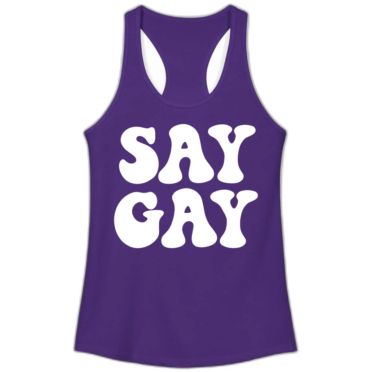 Say Gay Pride design with bold white letters featuring organic rounded typography on gray background in Solid Purple Rush