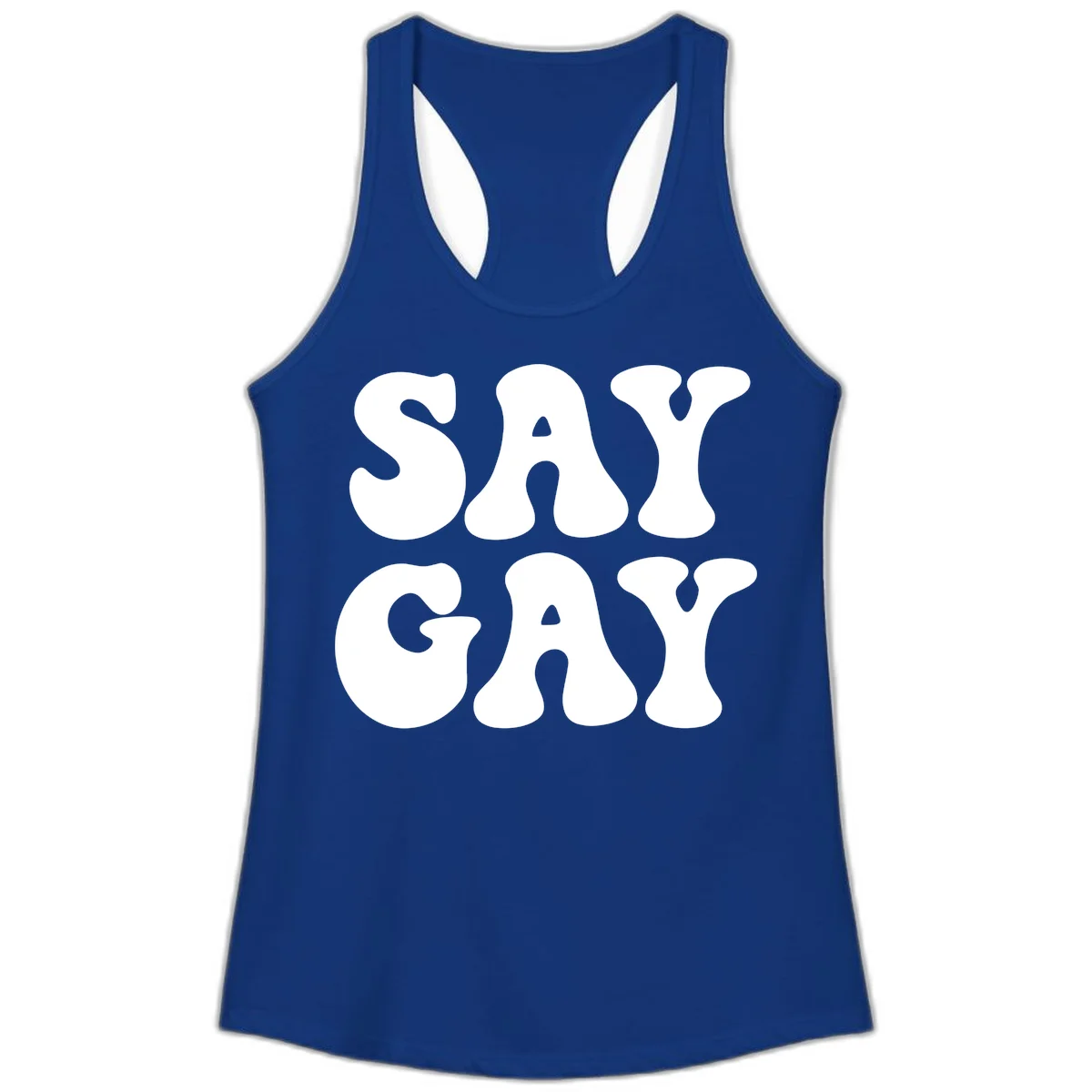 Say Gay Pride design with bold white letters featuring organic rounded typography on gray background in Solid Royal