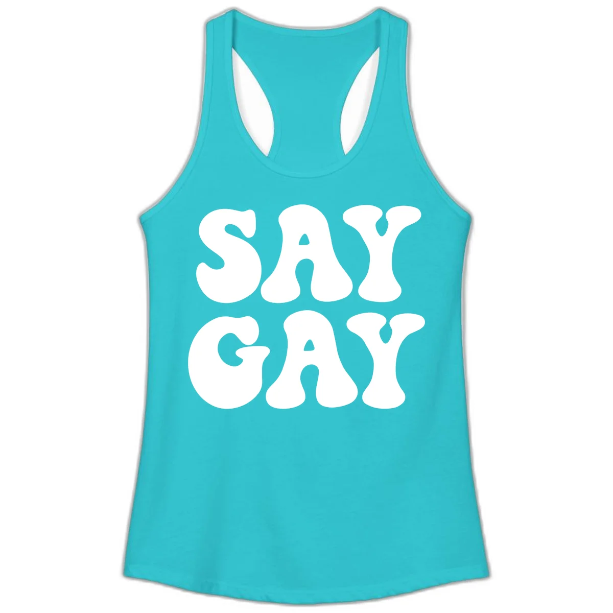 Say Gay Pride design with bold white letters featuring organic rounded typography on gray background in Solid Tahiti Blue