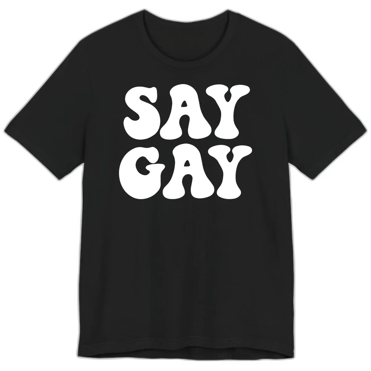 Say Gay Pride design with bold white letters featuring organic rounded typography on gray background in Black