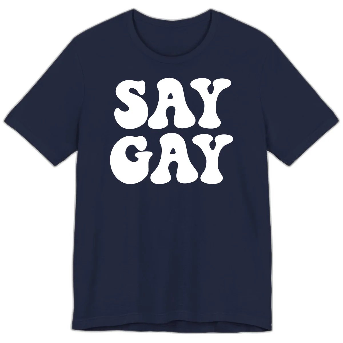 Say Gay Pride design with bold white letters featuring organic rounded typography on gray background in Navy