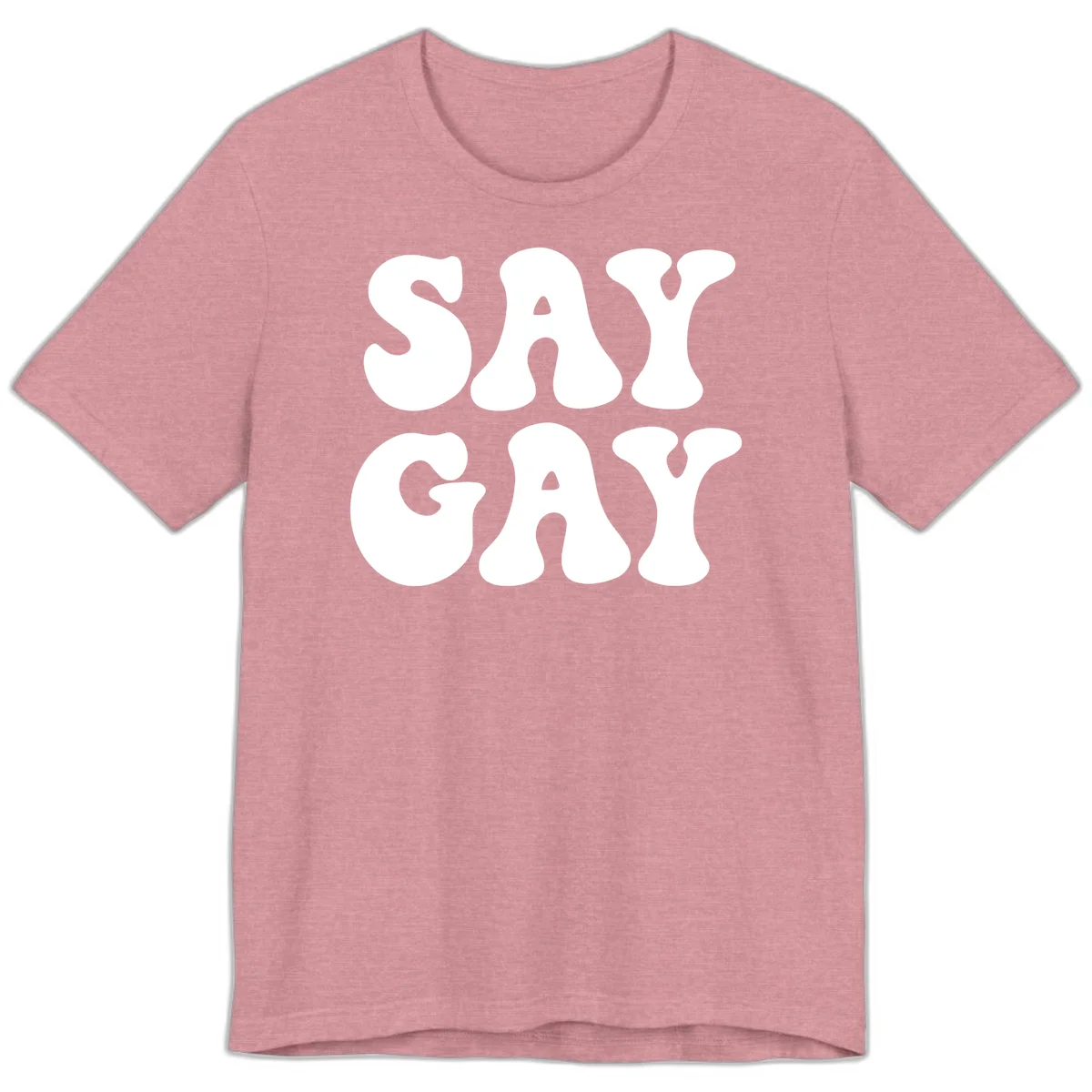 Say Gay Pride design with bold white letters featuring organic rounded typography on gray background in Heather Orchid