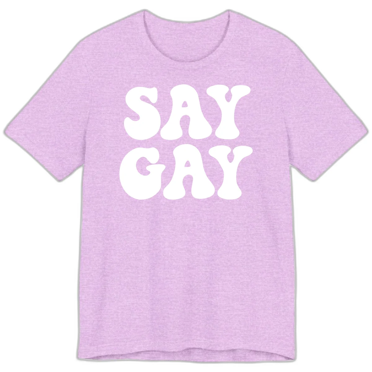 Say Gay Pride design with bold white letters featuring organic rounded typography on gray background in Heather Prism Lilac