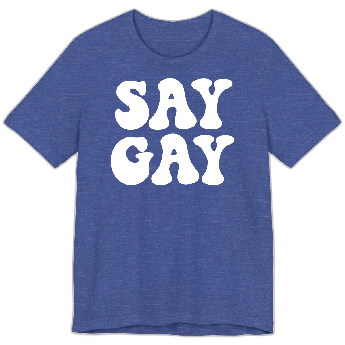 Say Gay Pride design with bold white letters featuring organic rounded typography on gray background in Heather True Royal