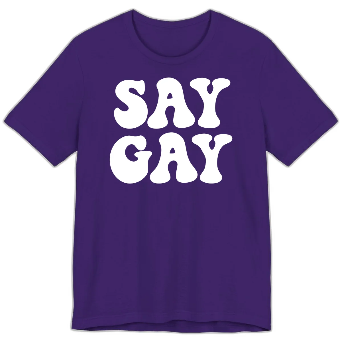 Say Gay Pride design with bold white letters featuring organic rounded typography on gray background in Team Purple
