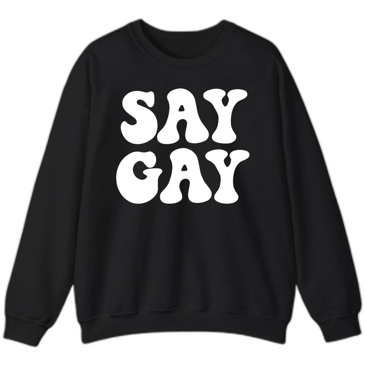 Say Gay Pride design with bold white letters featuring organic rounded typography on gray background in Black