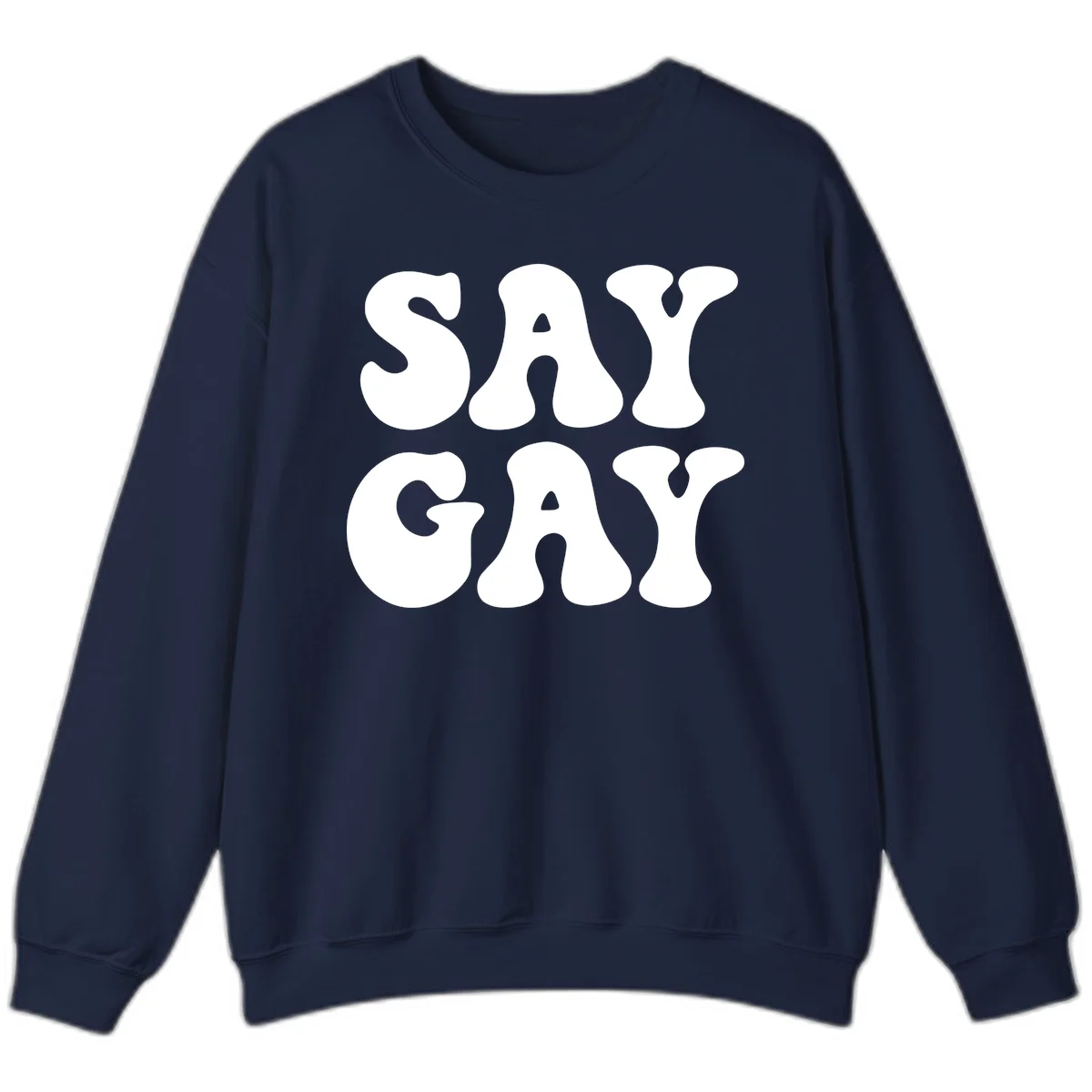 Say Gay Pride design with bold white letters featuring organic rounded typography on gray background in Navy