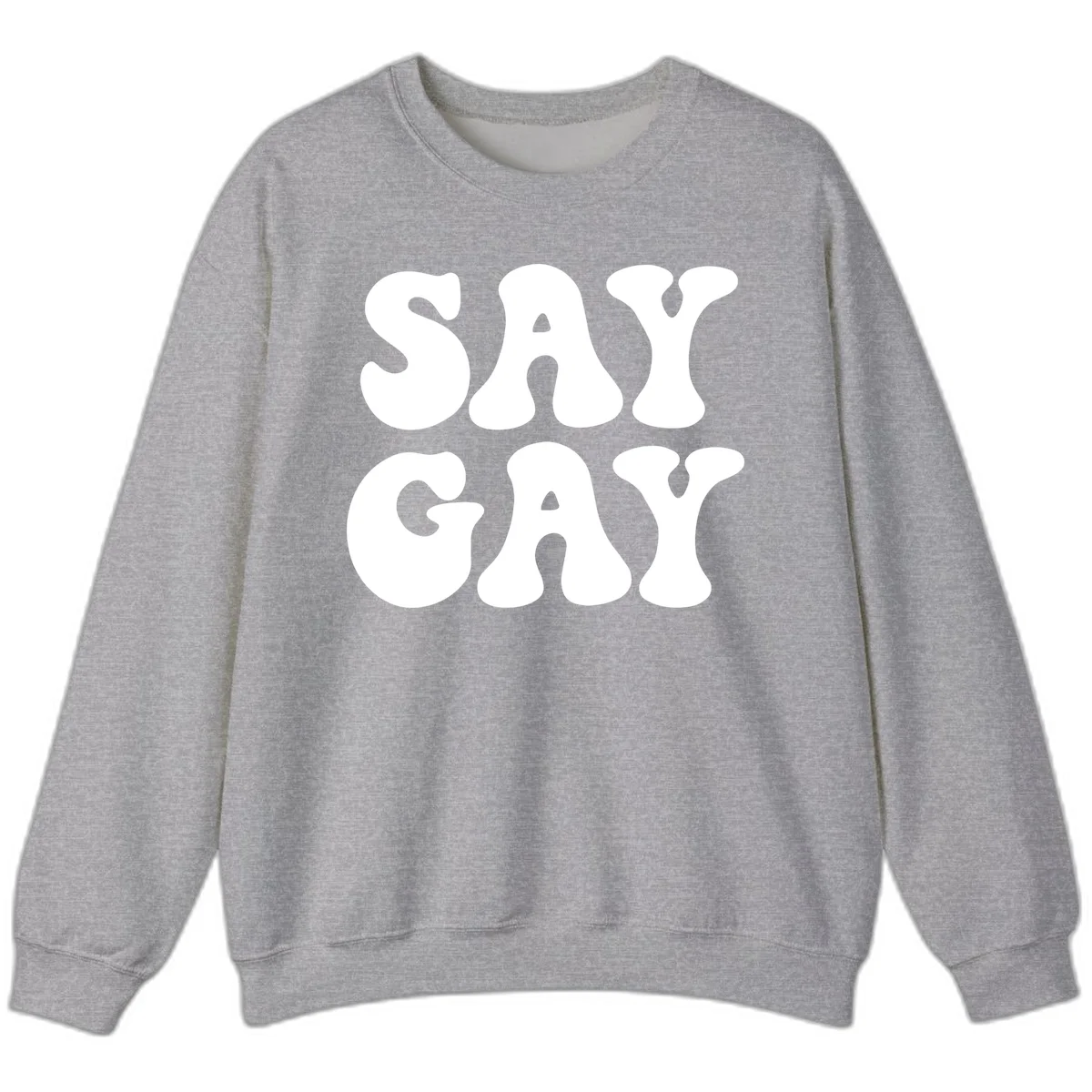Say Gay Pride design with bold white letters featuring organic rounded typography on gray background in Sport Grey