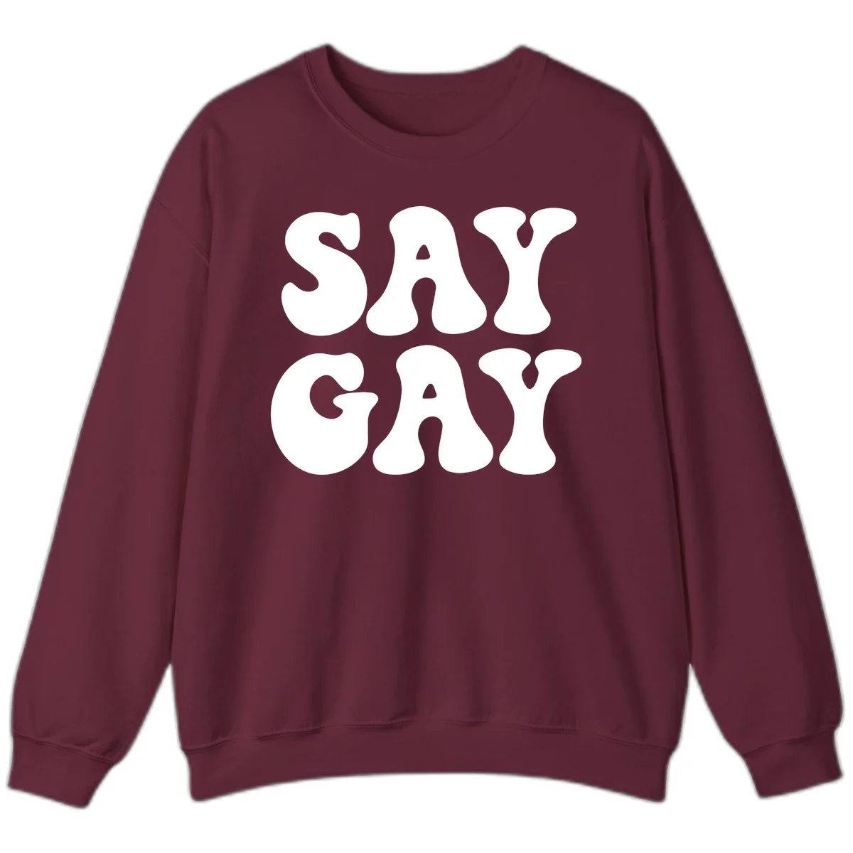 Say Gay Pride design with bold white letters featuring organic rounded typography on gray background in Maroon