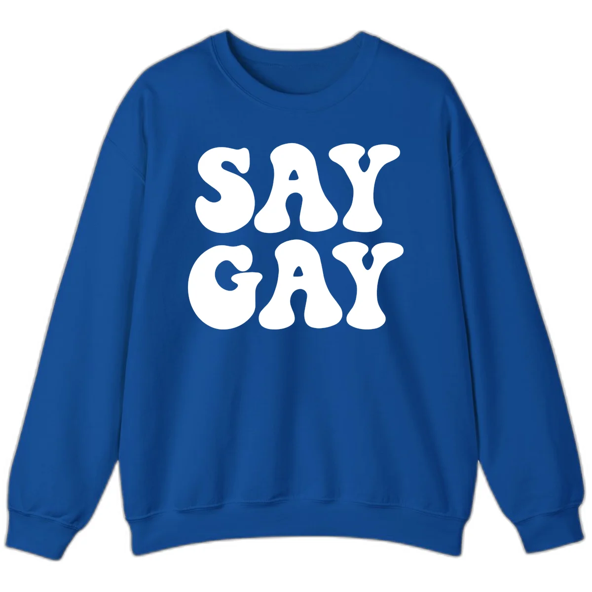 Say Gay Pride design with bold white letters featuring organic rounded typography on gray background in Royal