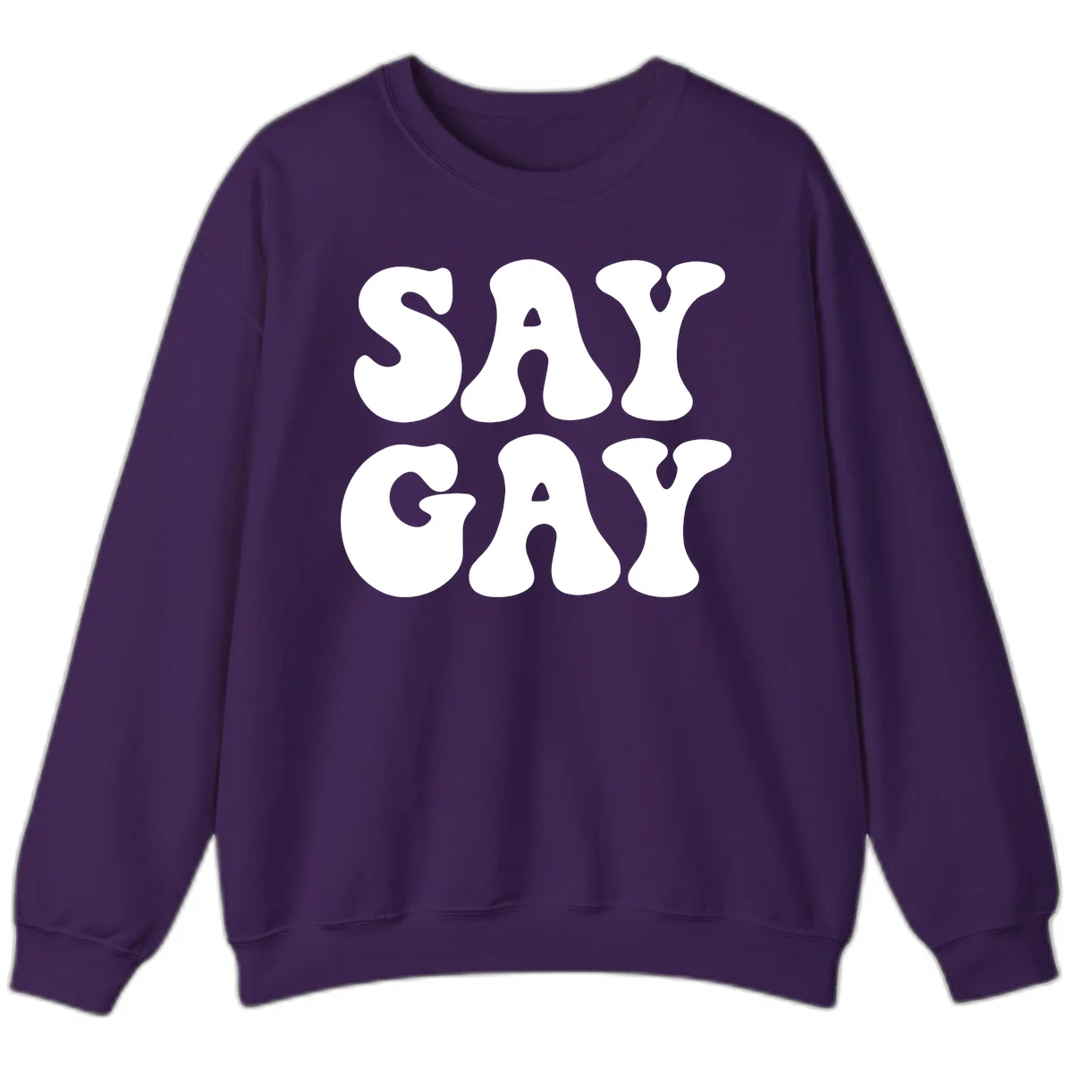 Say Gay Pride design with bold white letters featuring organic rounded typography on gray background in Purple
