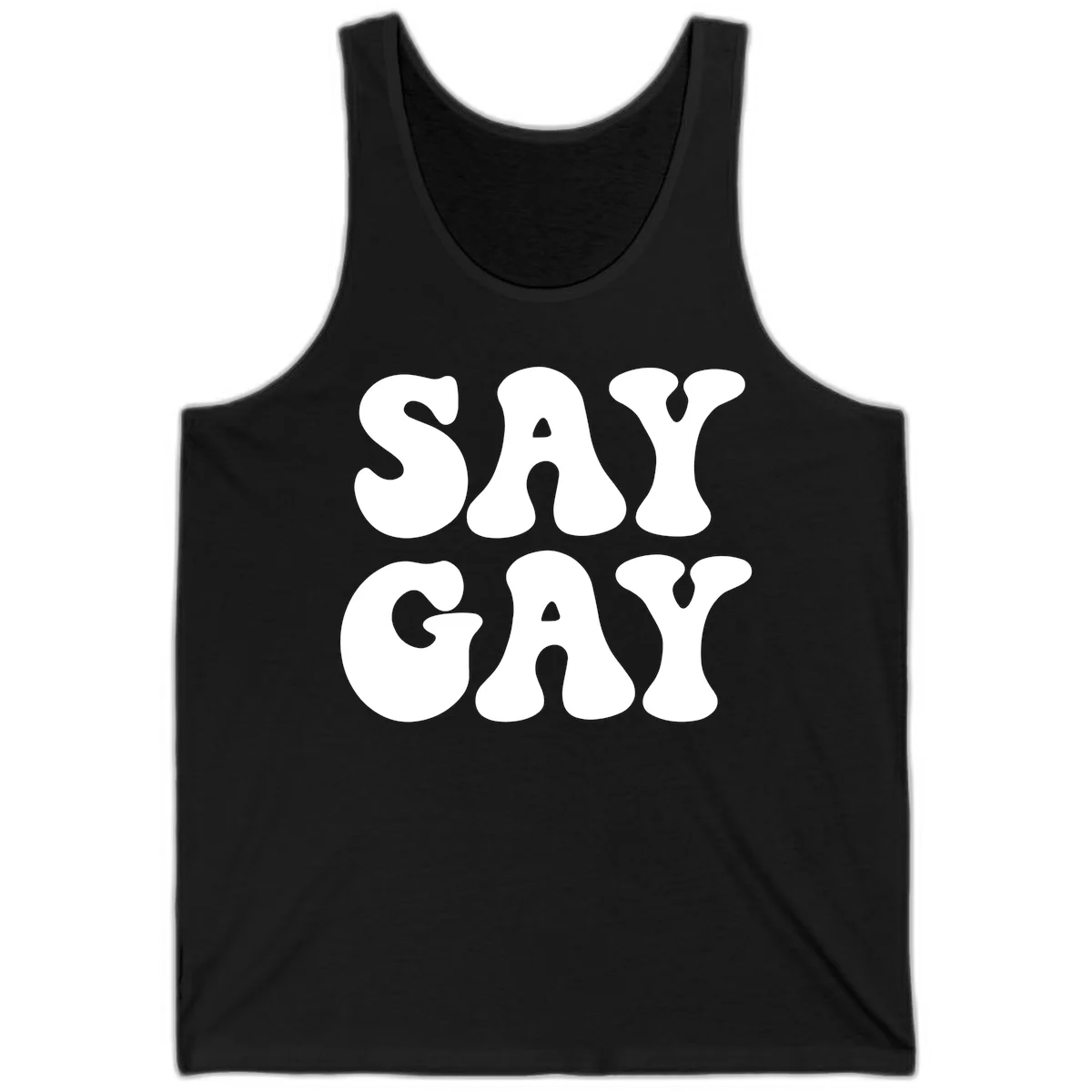Say Gay Pride design with bold white letters featuring organic rounded typography on gray background in Black