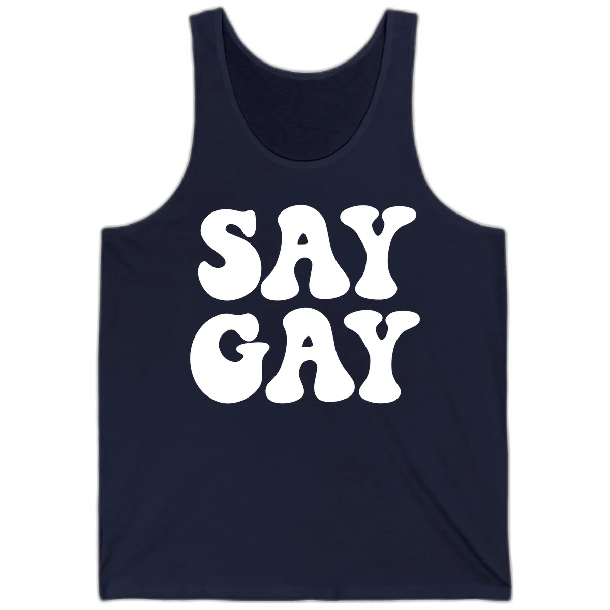 Say Gay Pride design with bold white letters featuring organic rounded typography on gray background in Navy