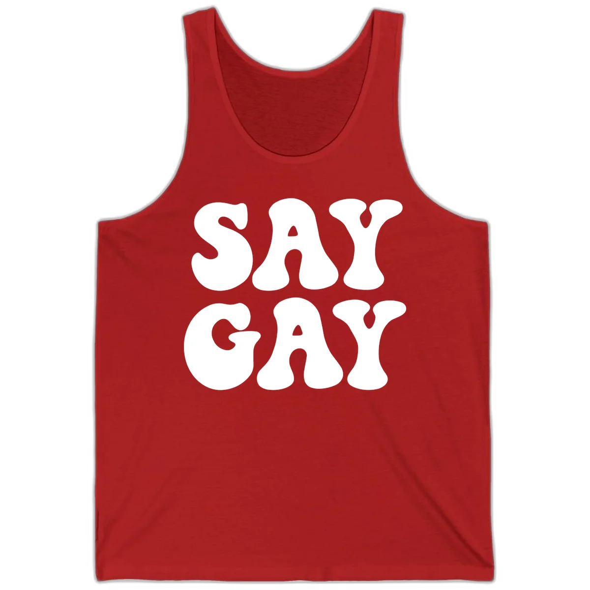 Say Gay Pride design with bold white letters featuring organic rounded typography on gray background in Red