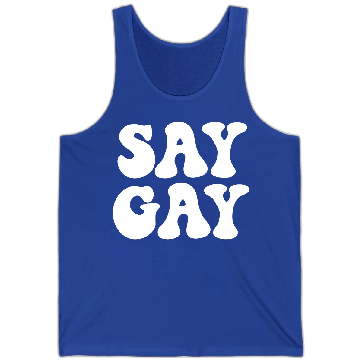Say Gay Pride design with bold white letters featuring organic rounded typography on gray background in True Royal