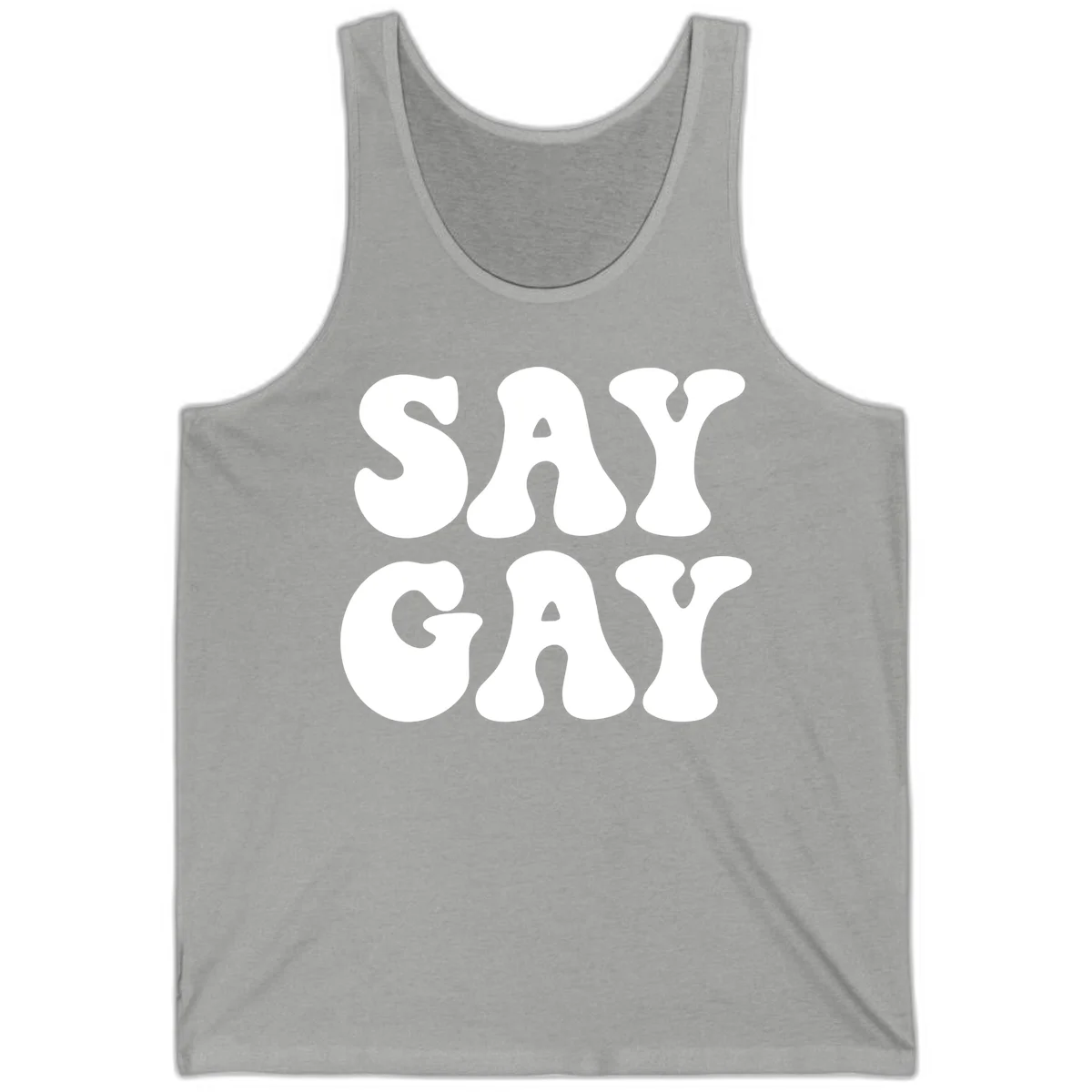 Say Gay Pride design with bold white letters featuring organic rounded typography on gray background in Athletic Heather