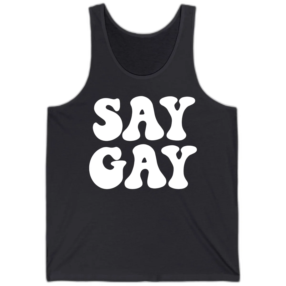 Say Gay Pride design with bold white letters featuring organic rounded typography on gray background in Dark Grey