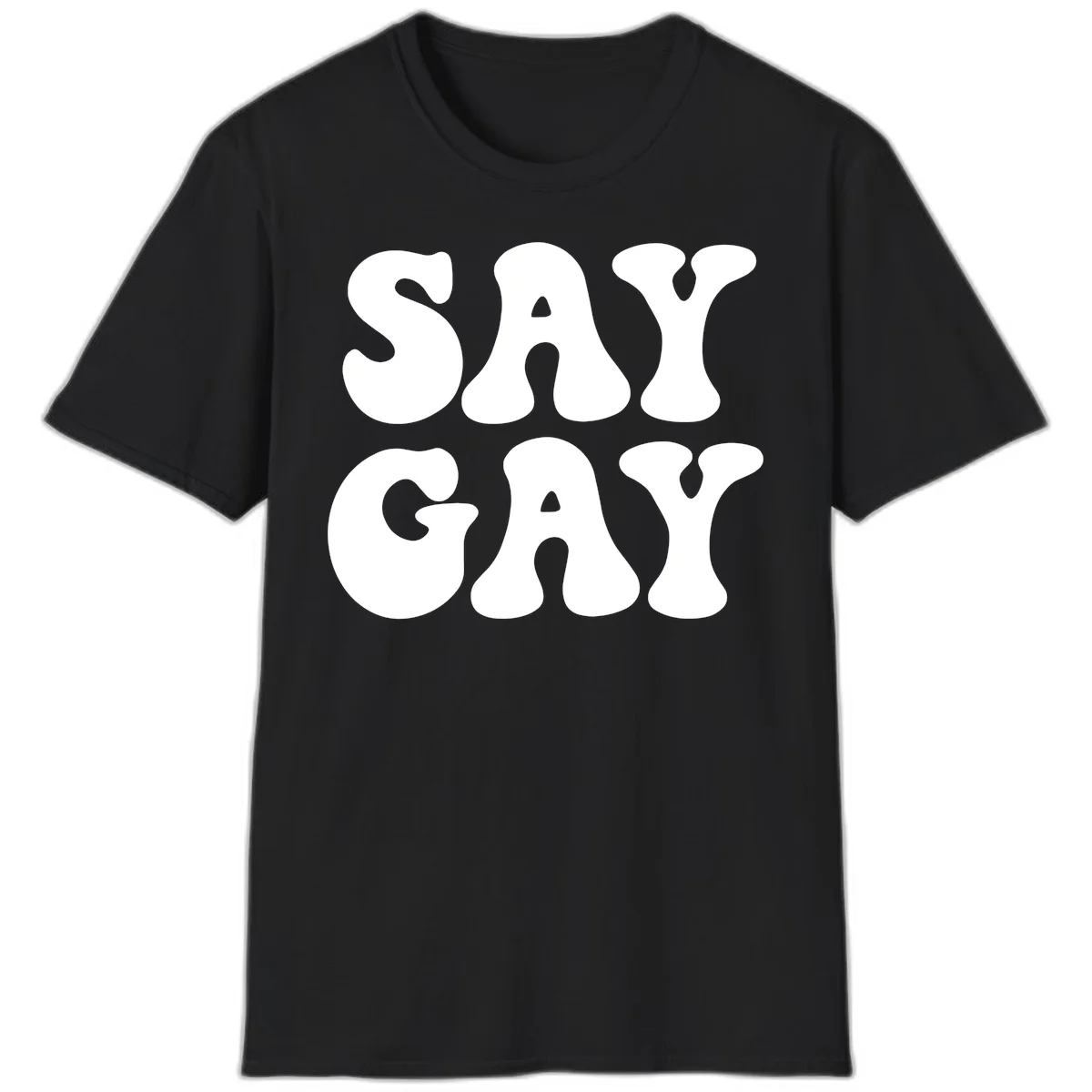 Say Gay Pride design with bold white letters featuring organic rounded typography on gray background in Black