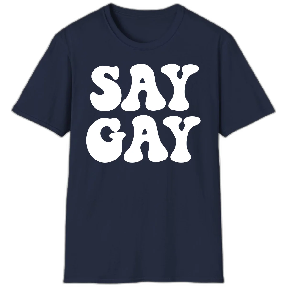 Say Gay Pride design with bold white letters featuring organic rounded typography on gray background in Navy