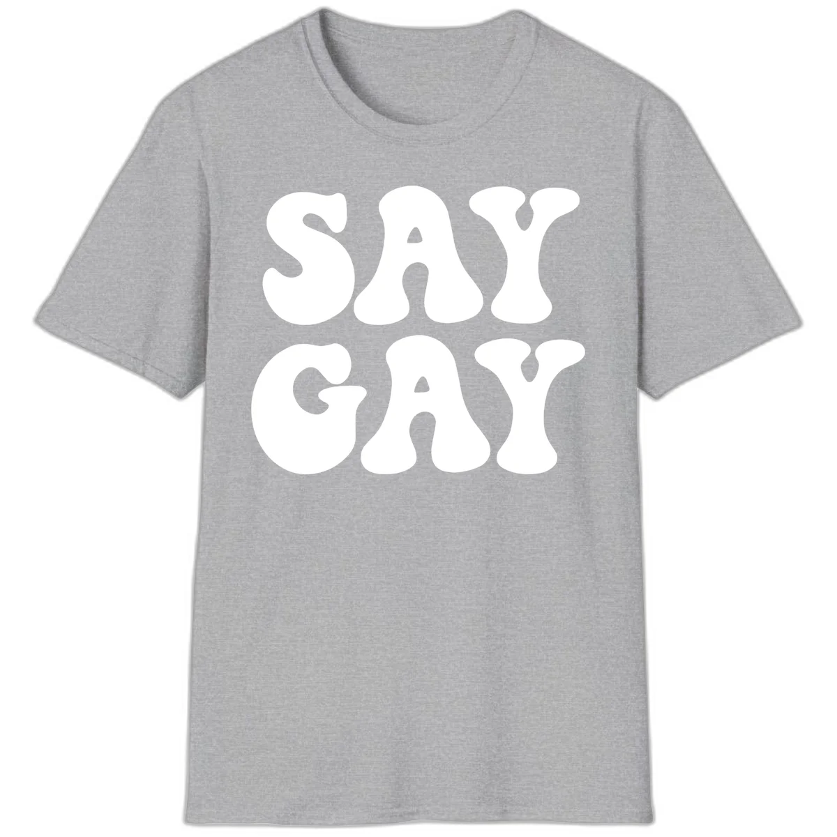 Say Gay Pride design with bold white letters featuring organic rounded typography on gray background in Sport Grey