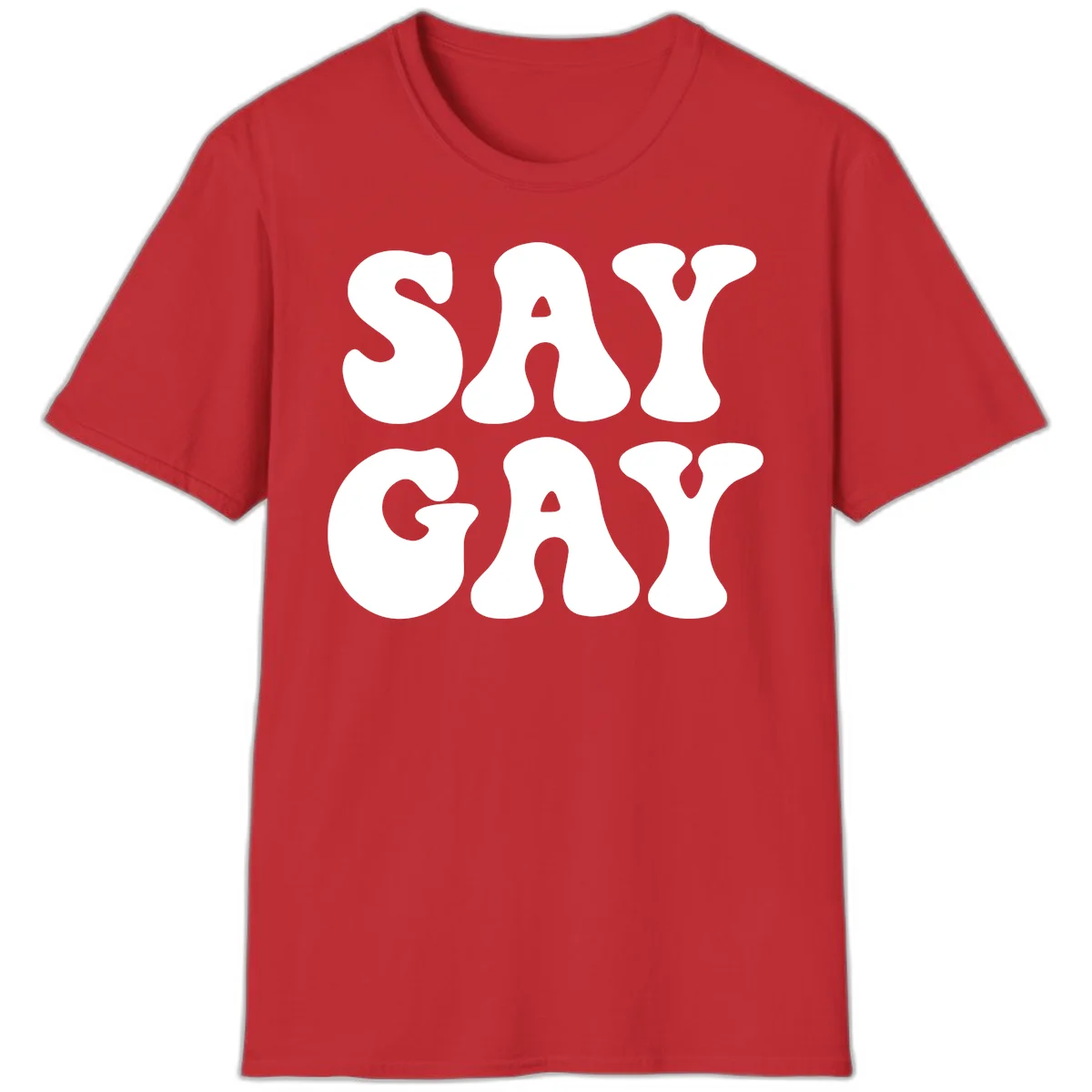 Say Gay Pride design with bold white letters featuring organic rounded typography on gray background in Red