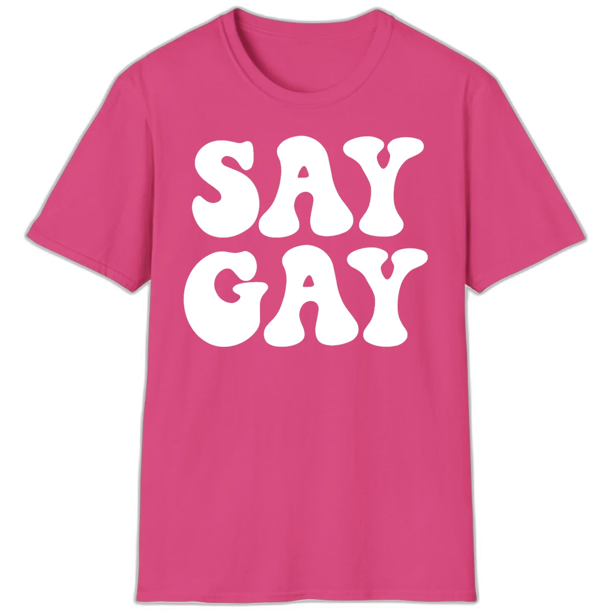 Say Gay Pride design with bold white letters featuring organic rounded typography on gray background in Heliconia