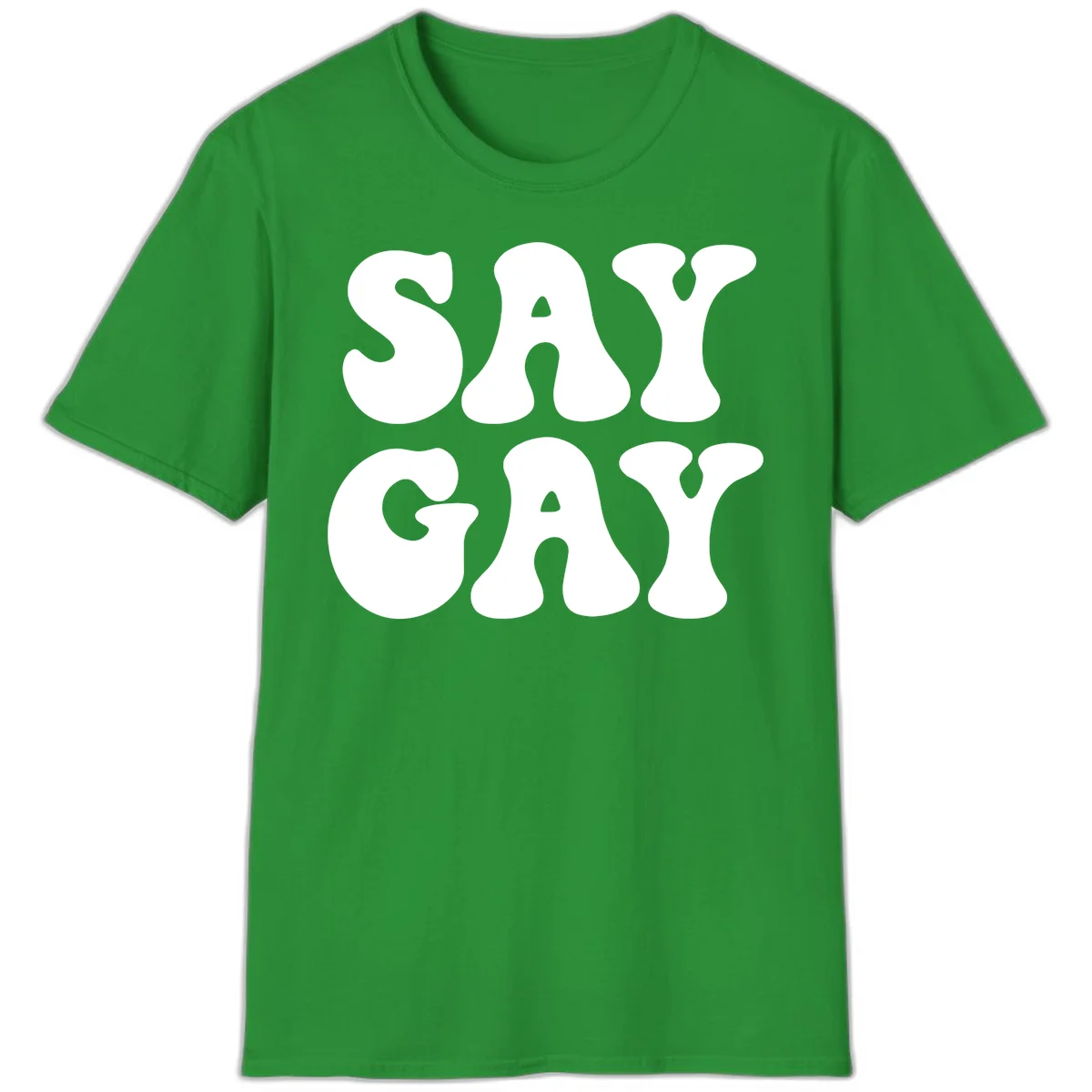 Say Gay Pride design with bold white letters featuring organic rounded typography on gray background in Irish Green