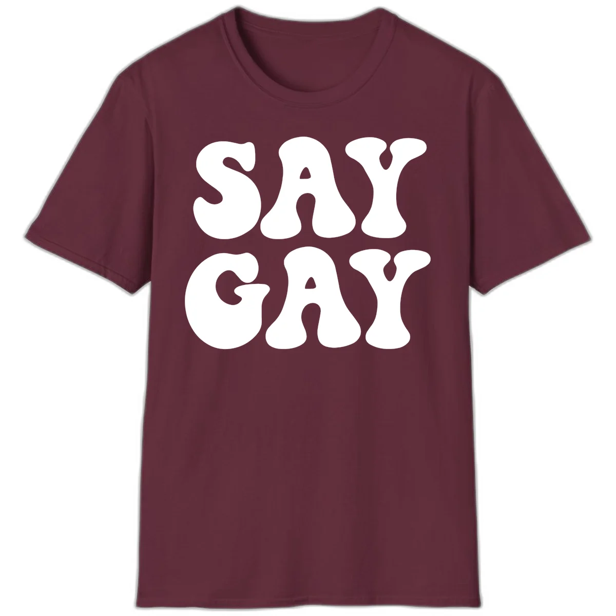 Say Gay Pride design with bold white letters featuring organic rounded typography on gray background in Maroon