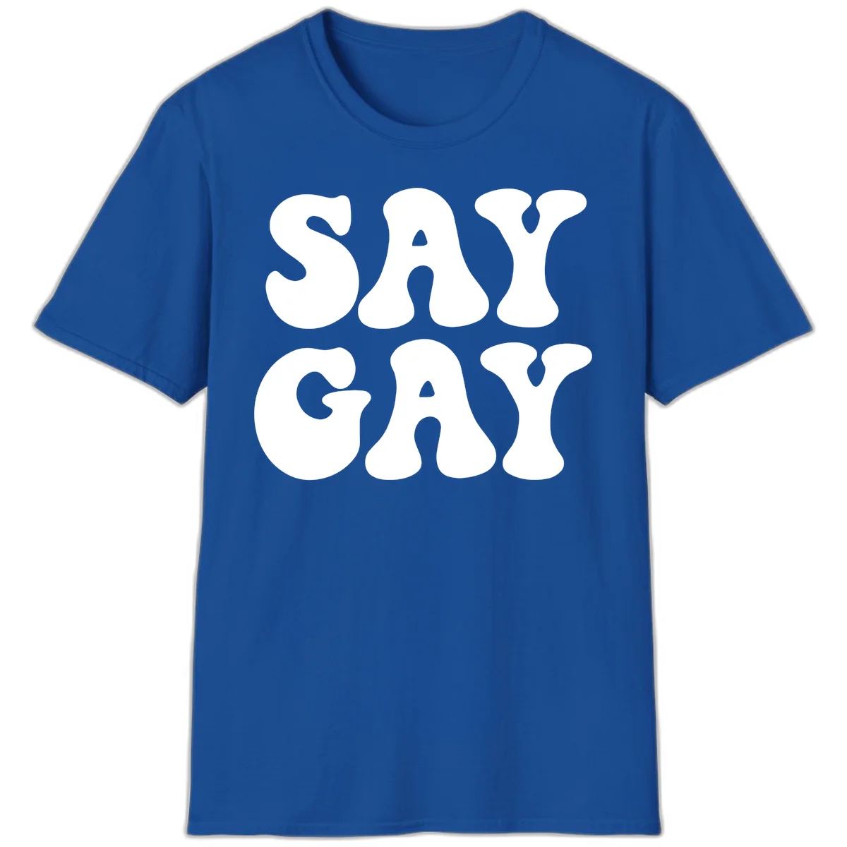 Say Gay Pride design with bold white letters featuring organic rounded typography on gray background in Royal