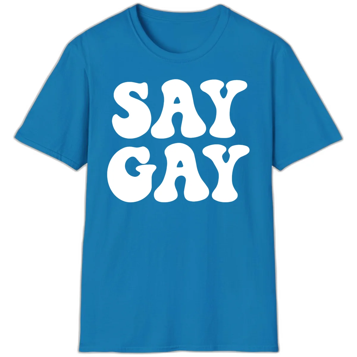 Say Gay Pride design with bold white letters featuring organic rounded typography on gray background in Sapphire