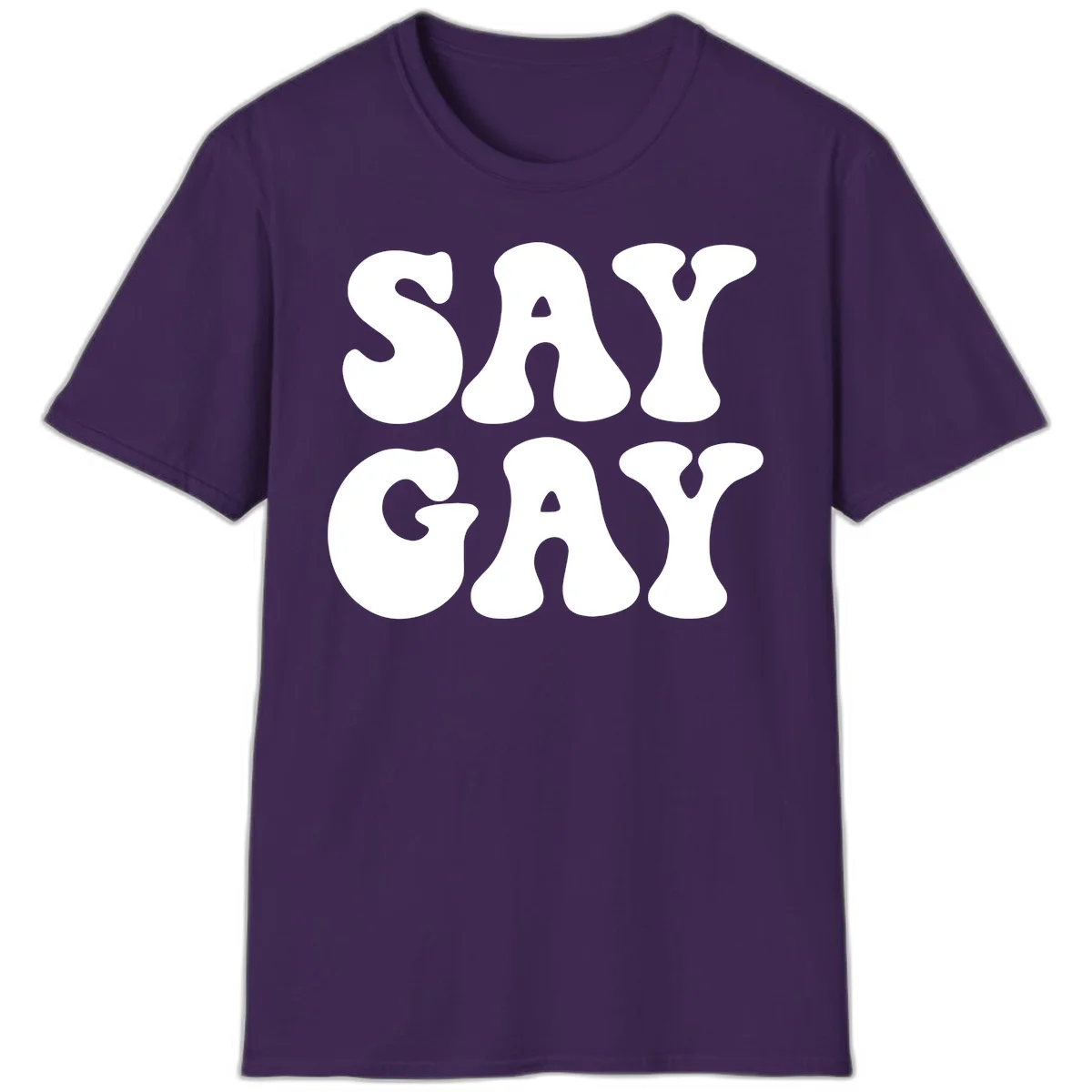 Say Gay Pride design with bold white letters featuring organic rounded typography on gray background in Purple