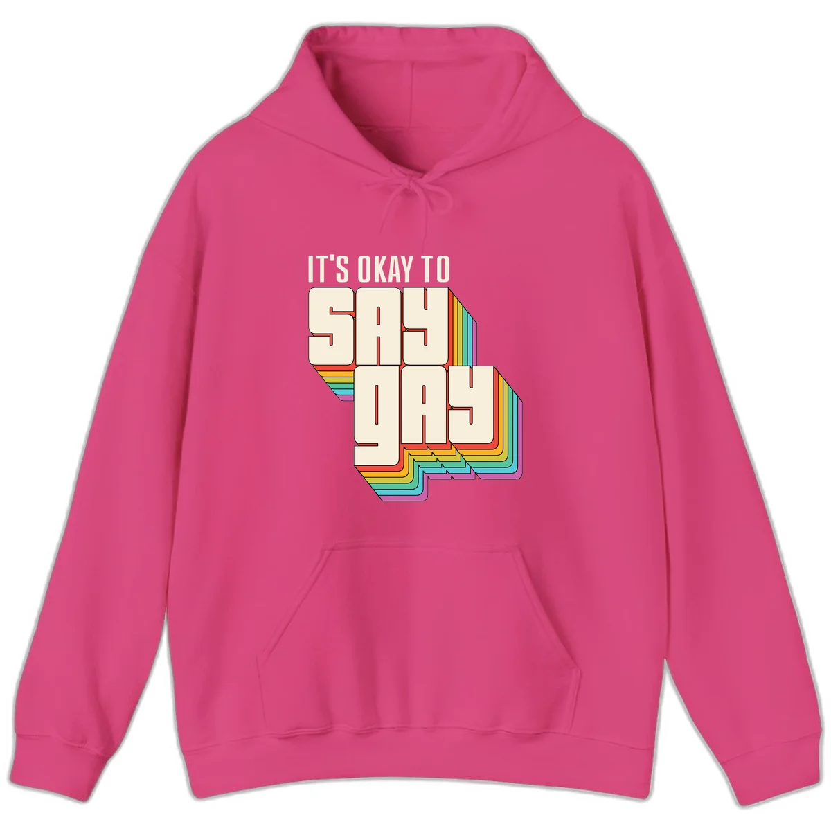 3D block letter design reading 'It's Okay To Sigh Out Loud' with rainbow-colored layered borders and pride flag stripes in Heliconia