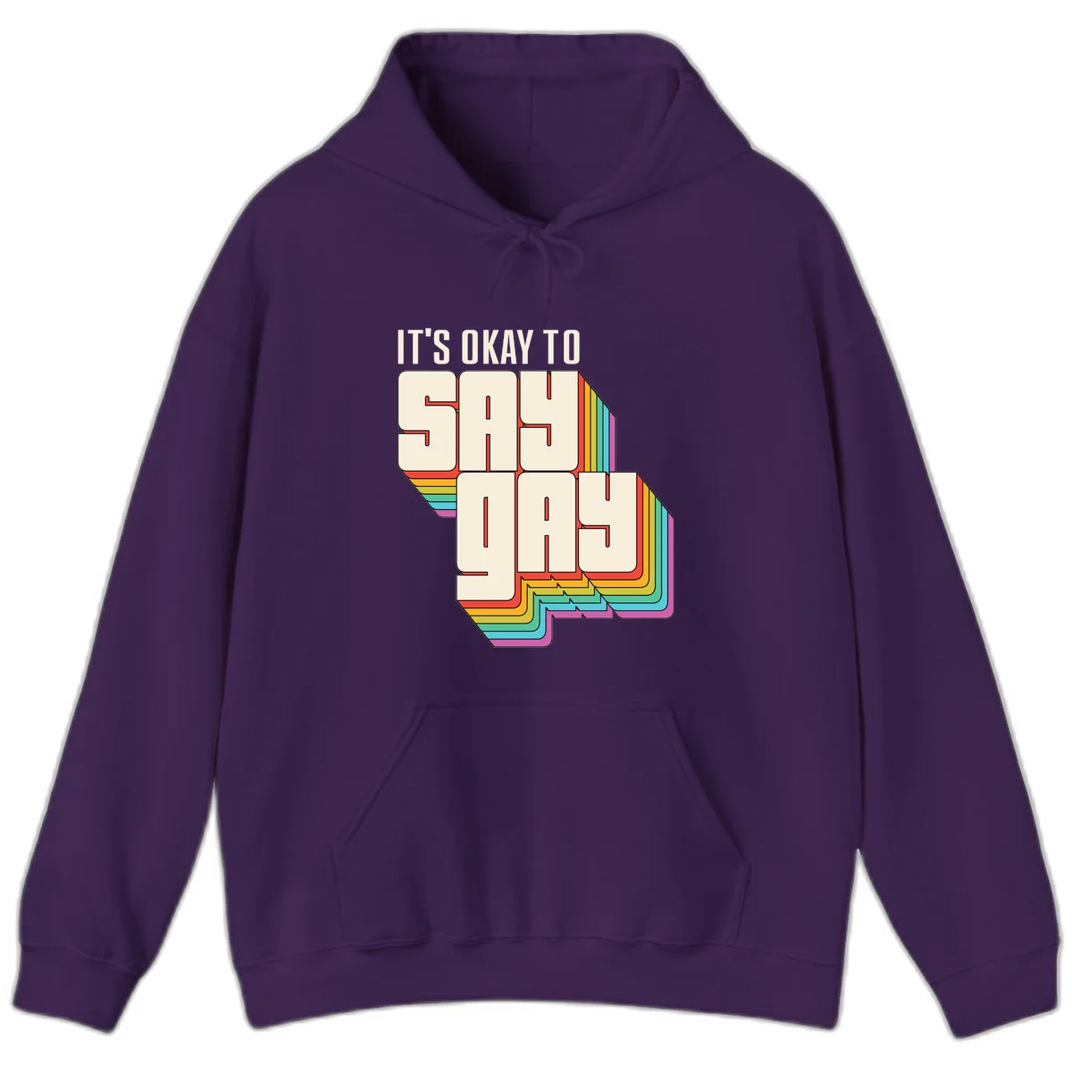 3D block letter design reading 'It's Okay To Sigh Out Loud' with rainbow-colored layered borders and pride flag stripes in Purple