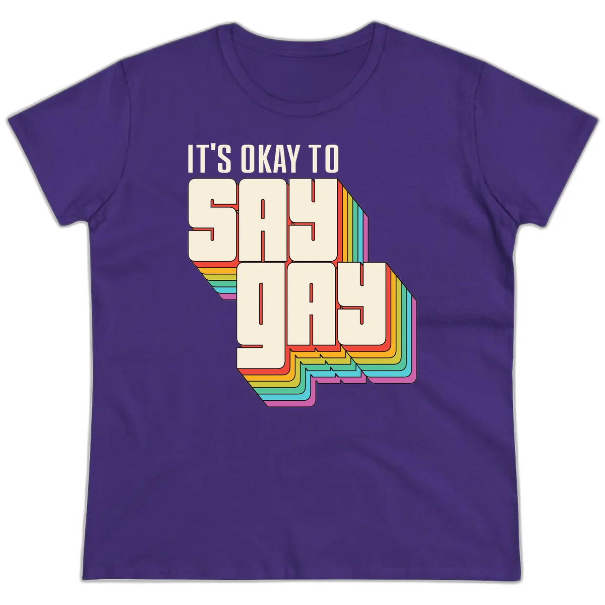 3D block letter design reading 'It's Okay To Sigh Out Loud' with rainbow-colored layered borders and pride flag stripes in Purple