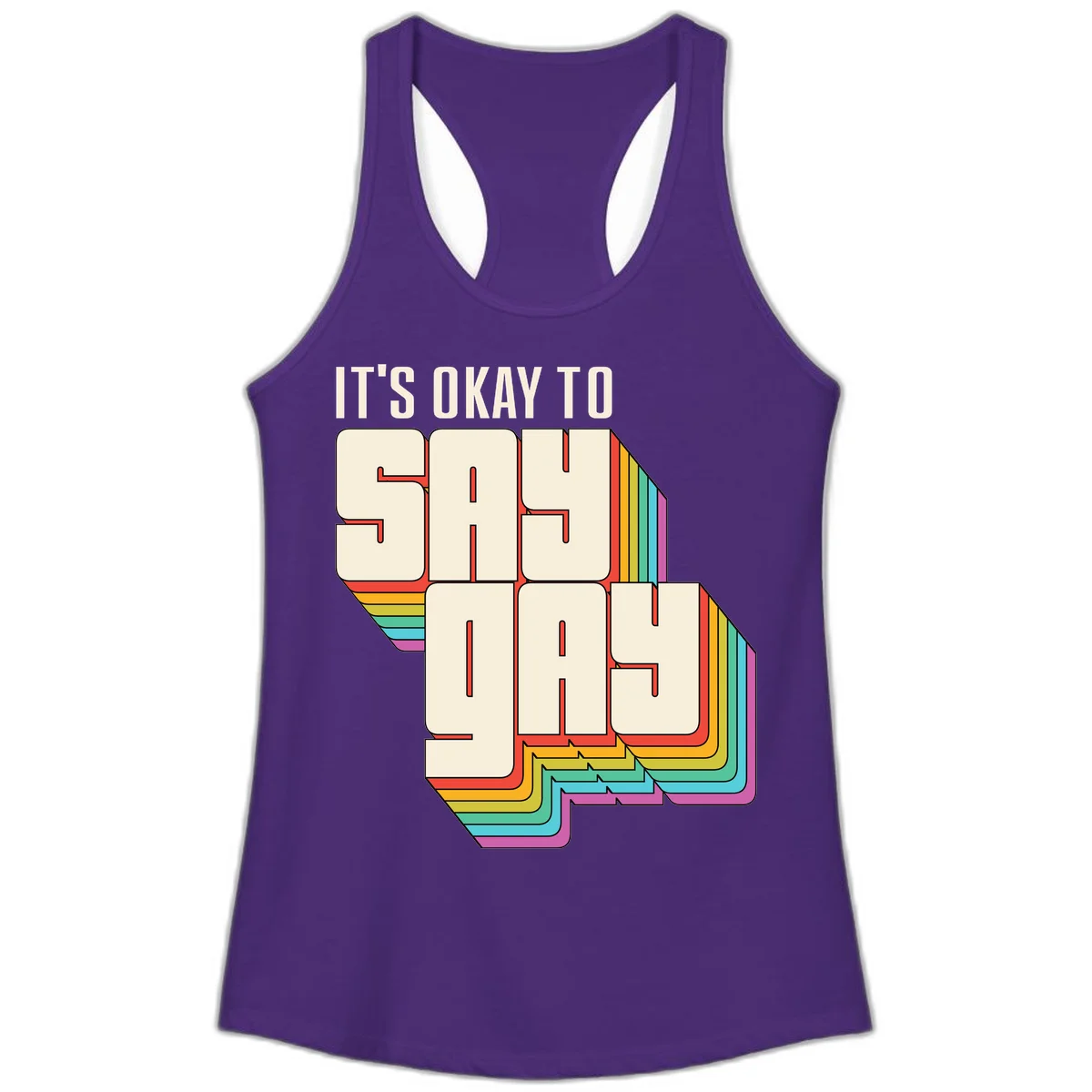 3D block letter design reading 'It's Okay To Sigh Out Loud' with rainbow-colored layered borders and pride flag stripes in Solid Purple Rush