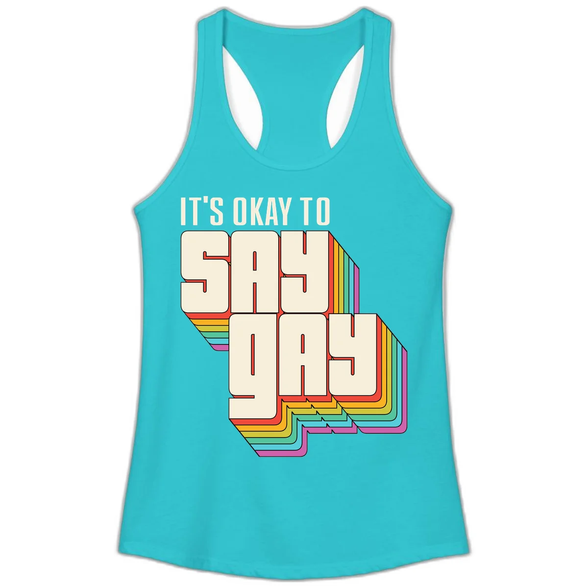 3D block letter design reading 'It's Okay To Sigh Out Loud' with rainbow-colored layered borders and pride flag stripes in Solid Tahiti Blue