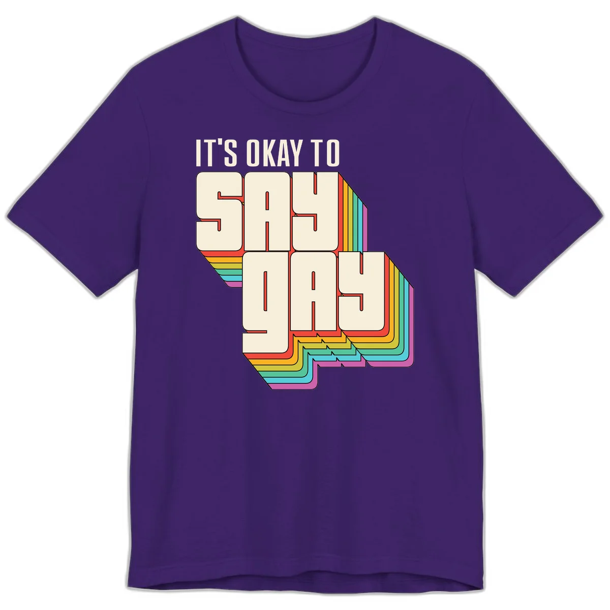 3D block letter design reading 'It's Okay To Sigh Out Loud' with rainbow-colored layered borders and pride flag stripes in Team Purple