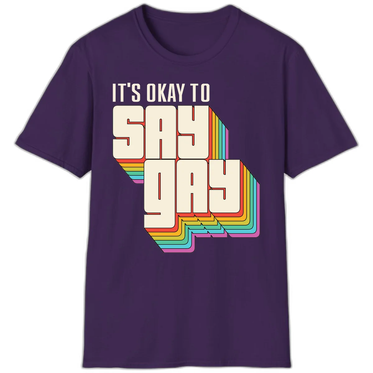3D block letter design reading 'It's Okay To Sigh Out Loud' with rainbow-colored layered borders and pride flag stripes in Purple