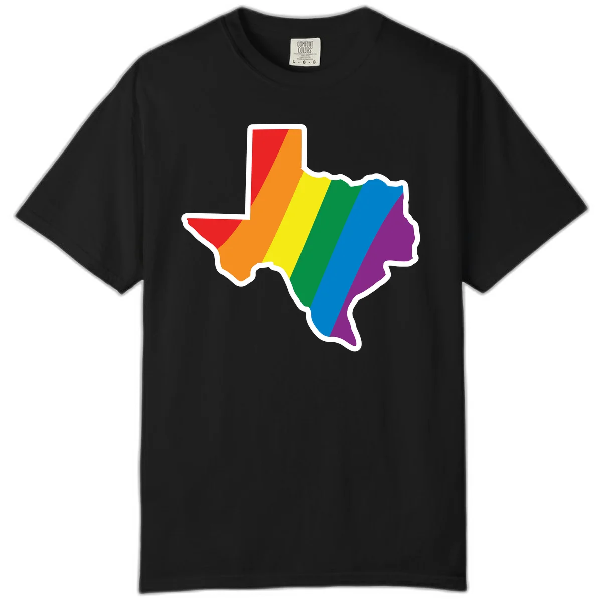 Texas state map filled with diagonal rainbow pride flag stripes in red, orange, yellow, green, blue, and purple with white border in Black